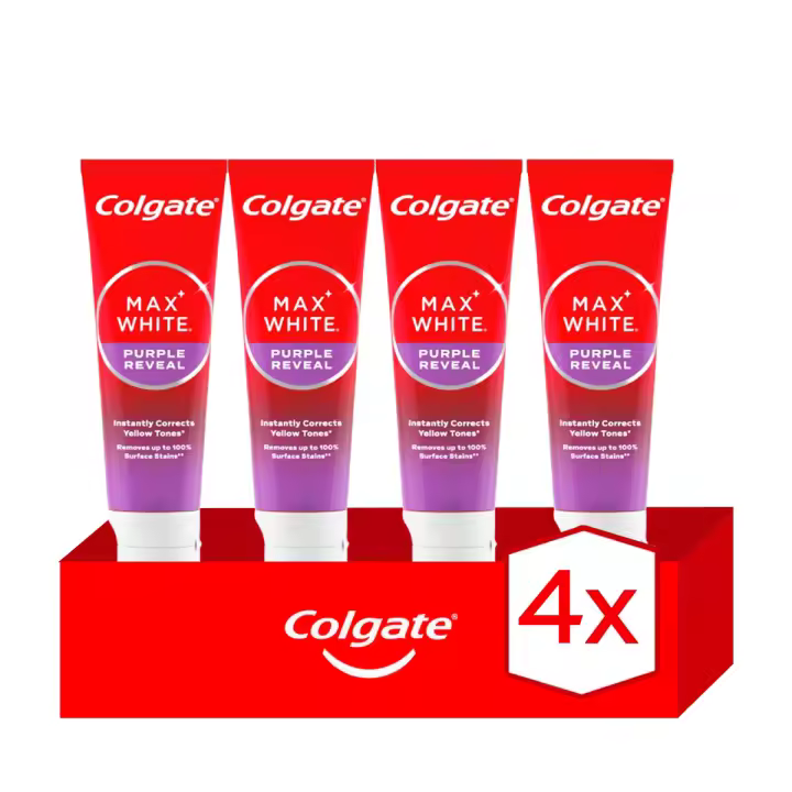 Pasta de dientes blanqueadora Colgate Max White Purple Reveal 75ml X4 | Tecnología Morada para Corregir el Amarillo. Sonrisa radiante, frescura duradera. - 1
