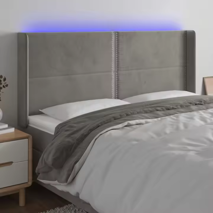 vidaXL Cabecero con LED de terciopelo gris claro 203x16x118/128 cm - 1