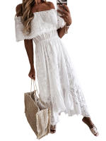 Vestido Casual Para Mujer Con Hombros Descubiertos Manga Corta Cintura Media Bordado De Encaje Color Sólido Irregular Vestidos - details 2