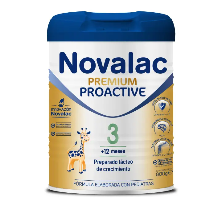 Novalac Premium Proactive 3 Leche de Continuación 1-3 Años. Contribuye al Desarrollo Normal y del sistema inmunitario del Bebé. Fórmula Elaborada con Pediatras rica en Calcio, Yodo, ViT A y D - 800 g - 1