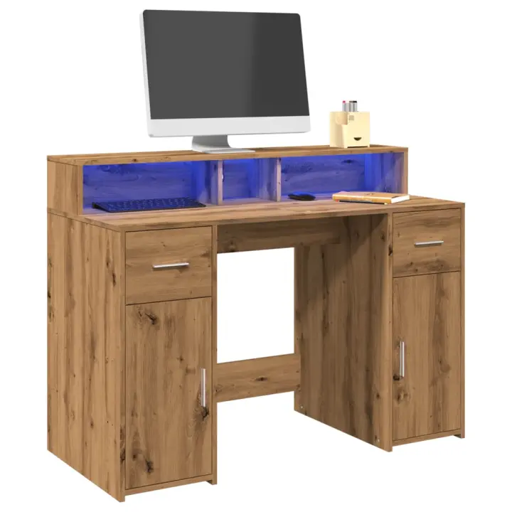 vidaXL Escritorio con LED madera ingeniería roble artisian 120x55x91cm en color artisian oak/Roble ahumado/Marrón roble y más | estructura resistente ideal para salón dormitorio o estudio - 1