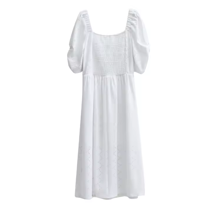 Solid color square neck dress summer temperament elegant short sleeve long dress - 1