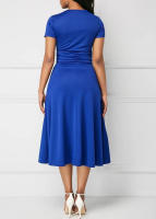 Vestido De Fiesta Midi Para Mujeres Elegante En Color Sólido Con Cuello En V Y Cintura Definida Vestido De Noche De Manga Corta Asimétrico - details 1