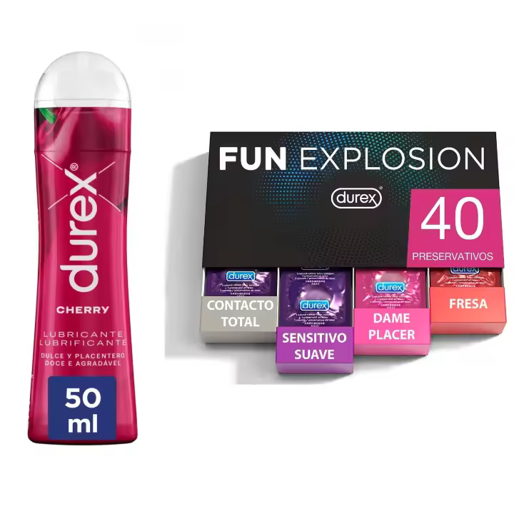 Durex - Lote Fun Explosion, Pack 40 Preservativos + Lubricante Cherry 50 ml, Dulce y Placentero, Sexo Seguro - 1