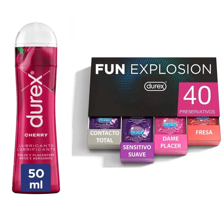 Durex - Lote Fun Explosion, Pack 40 Preservativos + Lubricante Cherry 50 ml, Dulce y Placentero, Sexo Seguro - 1