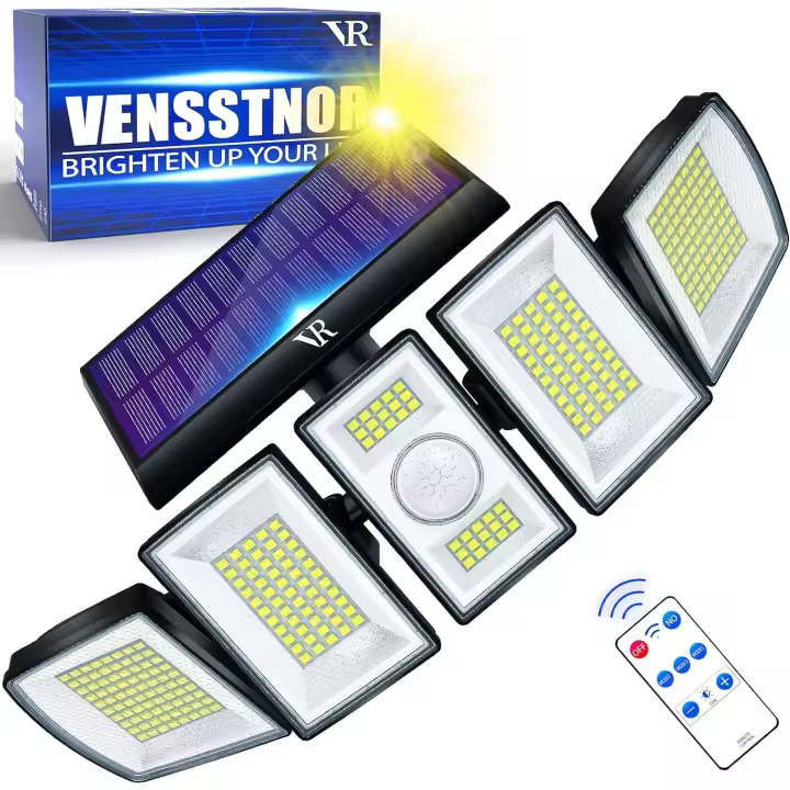 Luces solares impermeables al aire libre - 300 LED 7000K 3000LM 5 niveles de brillo ajustable 3 modos de iluminación 2400mAh 340% más brillante 360° 5 cabezas IP65 sensor de movimiento 40ft VENSSTNOR Solar Motion Lights al aire libre - 1