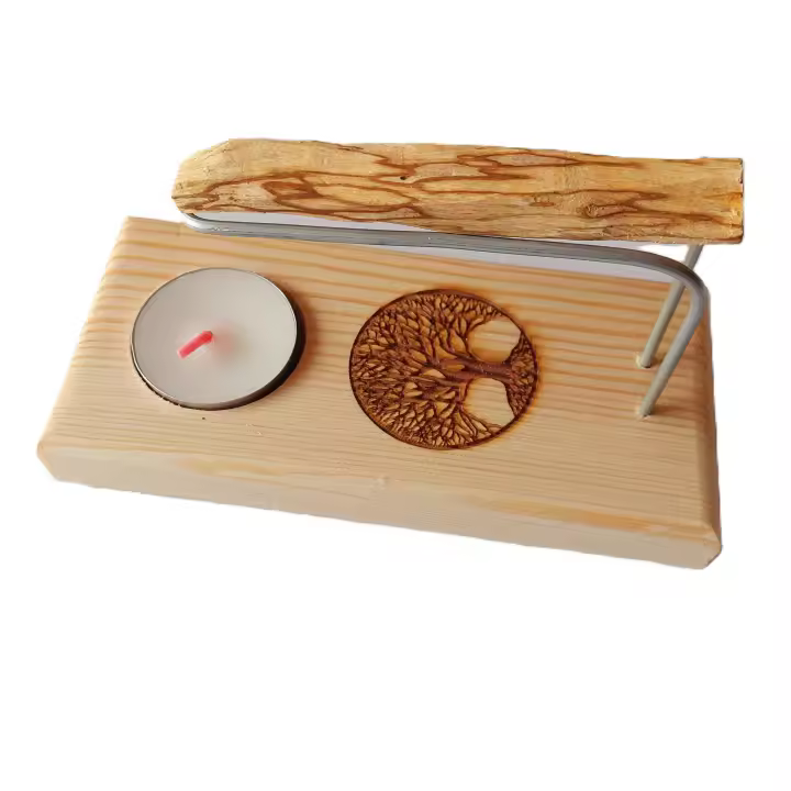 Quemador de Palo Santo de Madera con Soporte de Metal - Incensario para Yoga, Meditación y Purificación - Porta Incienso  100% Natural y artesanal (ÁRBOL DE LA Vida), incluye palo santo y vela té. Marca YA-DECOREGALOS - 1