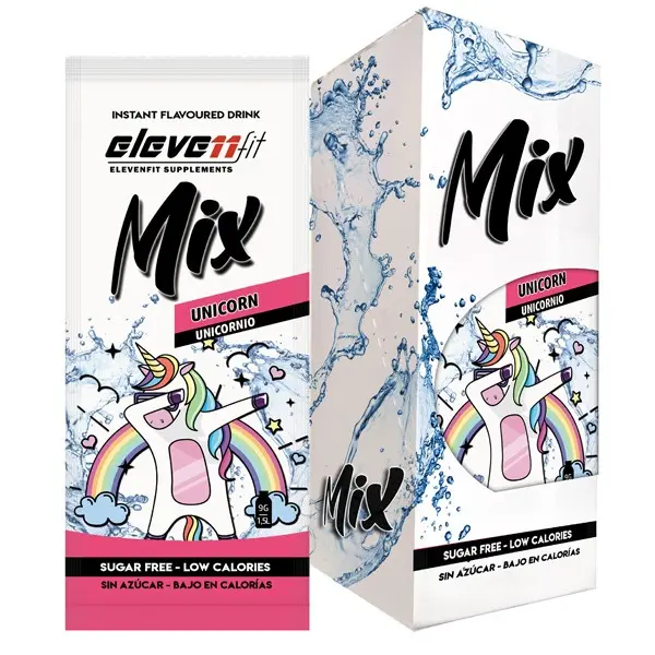 Eleven Fit Mix Instantáneo, Caja de 12 Sobres Sabor Unicornio - Prepara 1.5L de Bebida Saludable - Sin Azúcar, Baja en Calorías y Carbohidratos - Ideal para Agua/Leche, Cocinar y Preparar Postres - Mejora tu Dieta - Apto para Adultos y Niños - 1