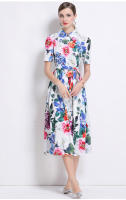 Vestido De Verano Para Mujer Con Cuello Torcido Y Manga Corta Estampado Vestido De Encaje Casual De Medio Tamaño Polyester - details 1
