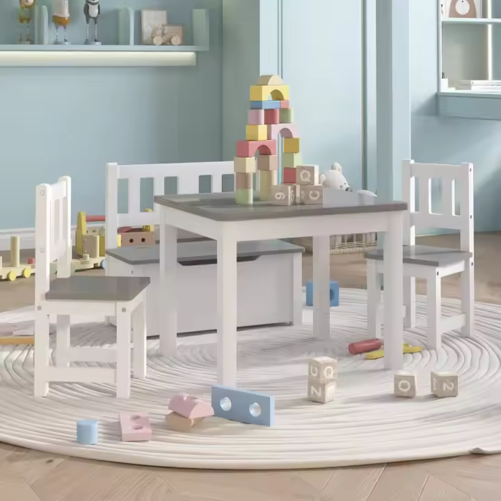 vidaXL Mesa y sillas infantiles 4 piezas MDF en color Blanco y gris/Blanco y beige | cómodas modernas ergonómicas para comedor cocina salón hogar - 1