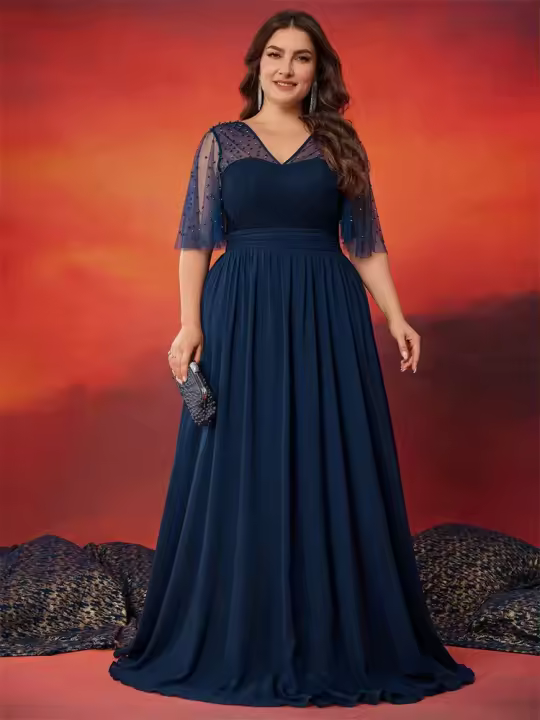 Vestido Largo De Noche Elegante Para Mujer Talla Grande Azul De Chiffon Con Cuello V Y Espalda Abierta Vestido De Boda Y Fiesta De Premio - 1
