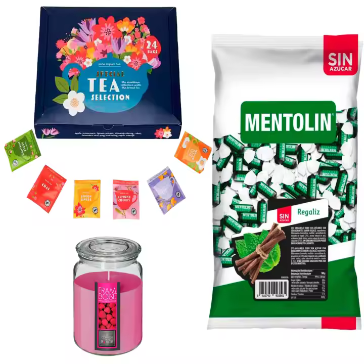 Lote respira: MENTOLIN REGALIZ S/A BOLSA 1KG + Vela perfumada de frambuesa + Set de Te con 24 bolsitas con diferentes sabores y aromas - 1