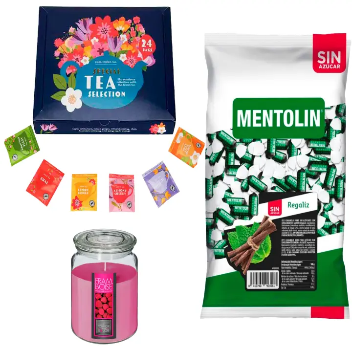 Lote respira: MENTOLIN REGALIZ S/A BOLSA 1KG + Vela perfumada de frambuesa + Set de Te con 24 bolsitas con diferentes sabores y aromas - 1