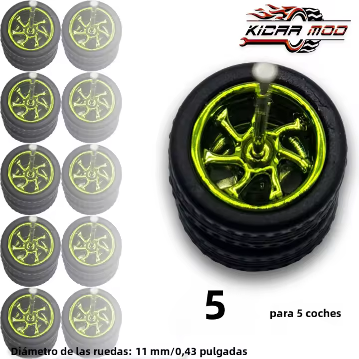 Ruedas Electroplateadas Kicarmod Para Coches De Acción 1/64 Con Neumáticos De Goma Diámetro 0.43In (5 Conjuntos Para 5 Coches) - 1