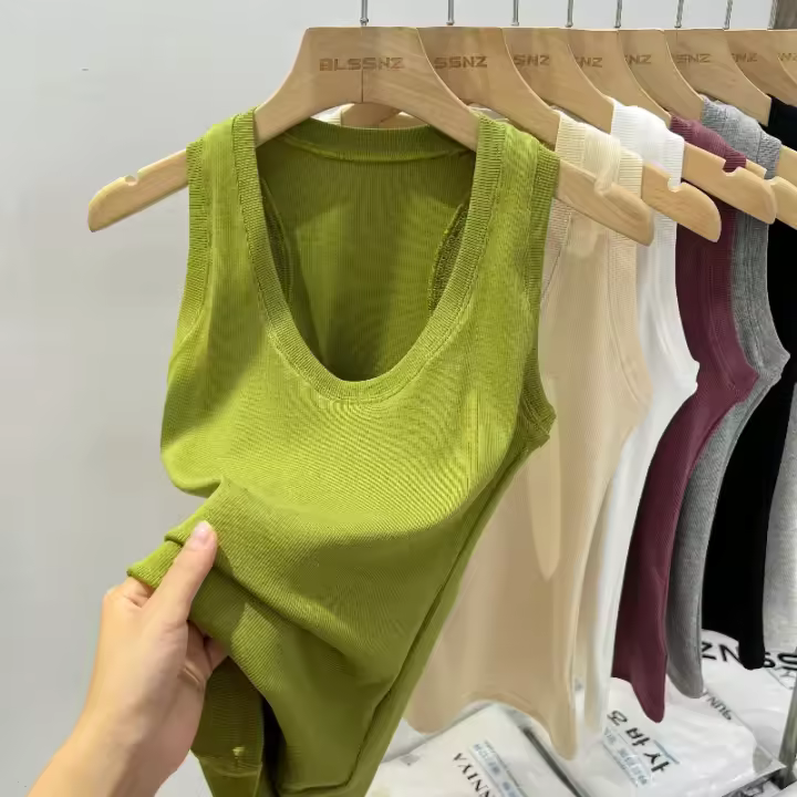 Camisola De Mujer 2025 Estilo Coreano Sólida Con Cuello Redondo Bajo Y Ribbed Basic Summmer Elasticado Slim Versátil - 1