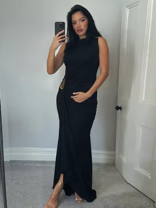 Vestido Maxi Bodycon Elegante Para Mujer Kliou Clásico Metálico Sin Mangas Cuello Redondo Ajustado Vestido De Fiesta De Verano - 1