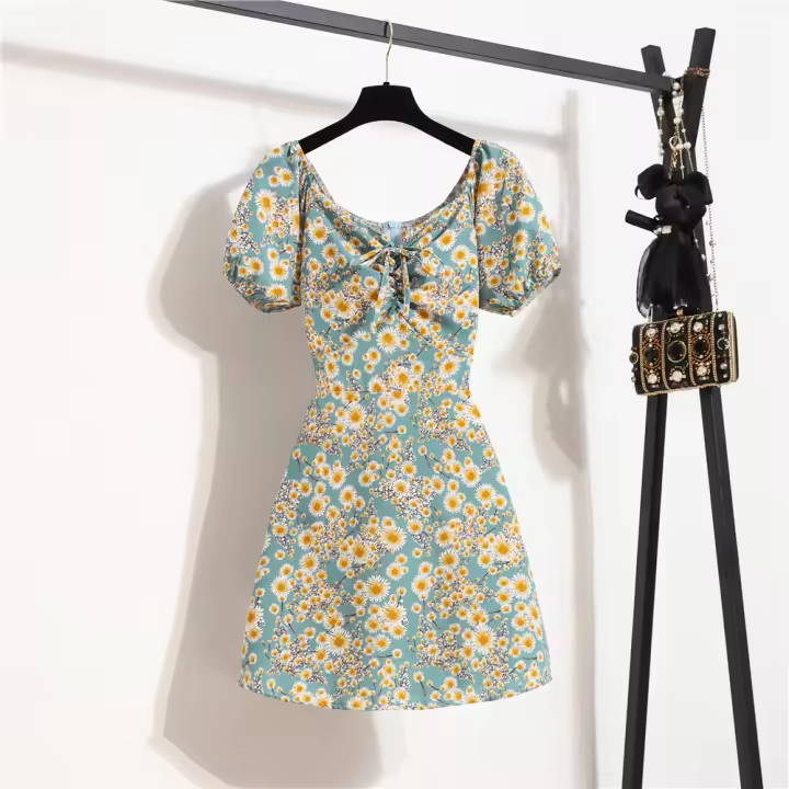 Vestido Mini De Verano Para Mujer Estampado Floral Chiffón Casual Cintura Natural Manga Larga Suelta Cierre De Cremallera - 1
