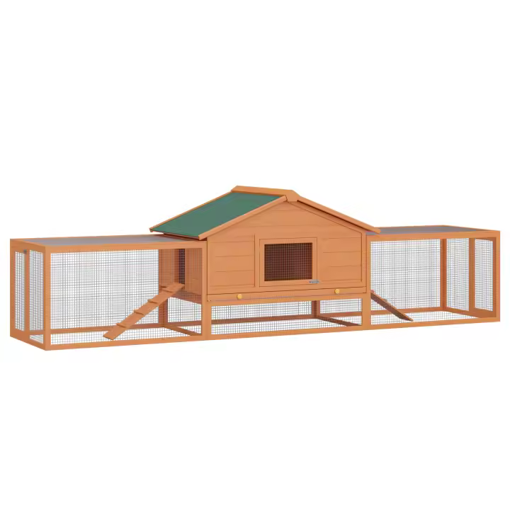 PawHut Conejera de Madera 309x79x86 cm Conejera Exterior Grande para 2-4 Conejos con 2 Corrales Bandeja Extraíble Techo Asfáltico 2 Rampas Natural - 1