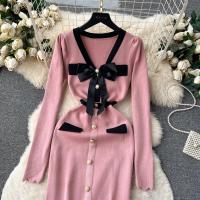 YuooMuoo Vestido Elegante Bodycon Para Mujer Con Cuello V Y Lazo Manga Larga Split Frontal Estilo Oficina Lady Chic Para Fiesta Y Trabajo - details 21