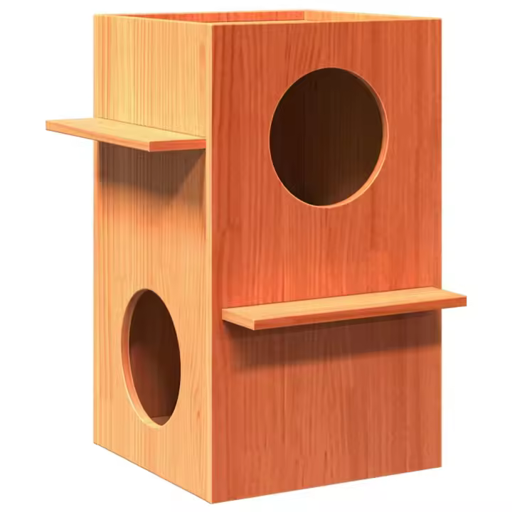 vidaXL Casa para gatos cera marrón 43x43x60 cm madera maciza pino en color Crema/Taupé - 1