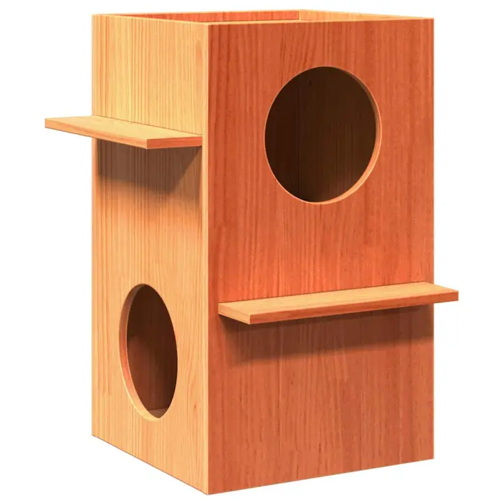 vidaXL Casa para gatos cera marrón 43x43x60 cm madera maciza pino en color Crema/Taupé - 1
