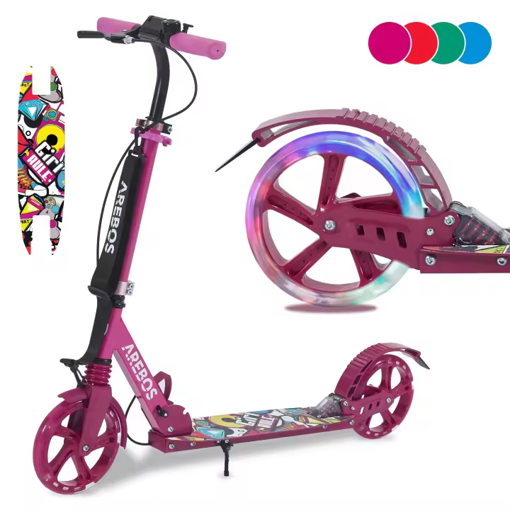 AREBOS Patinete con Ruedas de Goma con LED - Suspensión Delantera - Soporte para Botella y Timbre - 1