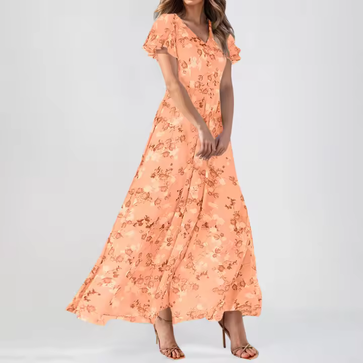 Vestido Largo De Mujer Elegante En Chiffon Floral Con Manga Corta Y Cuello En V A-Line Con Volante Y Cintura Empresarial Para Verano - 1