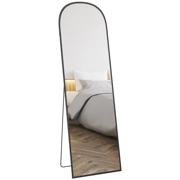 HOMCOM Espejo de longitud completa 64" x 20" Espejo de pared con soporte Marco de aleación de aluminio Espejo de pie para sala de estar dormitorio negro - 1