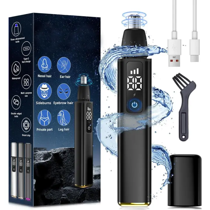 Recortador de vello nasal - 15.000 RPM - Pantalla LED - 3 velocidades - Resistente al agua IPX7 - Unisex - Recargable - Juego de cuchillas de doble cara - 1