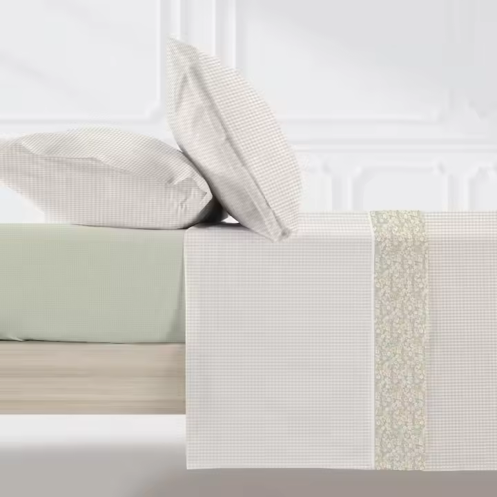 Manterol - Juego de sábanas cuadros y flores beige. Calidad 50% Algodón 50% Poliéster. Incluye bajera ajustable, encimera y fundas de almohada. Sábana ligera y fresca, ideal para primavera, verano y entretiempo. - 1