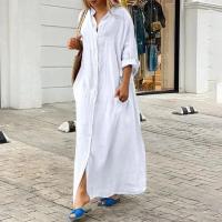 Nueva Túnica De Verano Para Mujer 2024 Algodón Y Lino Suéter De Playa Con Cierre Único Manga Larga Vestido A-Line De Cintura Baja - details 8