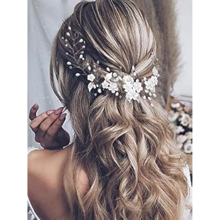 Diadema de novia con flores para boda, accesorios para el cabello con perlas, tocado para mujeres y niñas - 1
