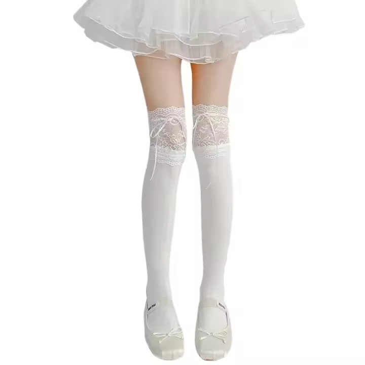 Calcetines Largos De Pies Nuevos Con Lazo De Encaje Tejidos Para Otoño E Invierno Calentadores De Piernas Gruesos De Color Blanco Y Negro Lolita Lindos Calcetines over the Knee Para Mujer - 1