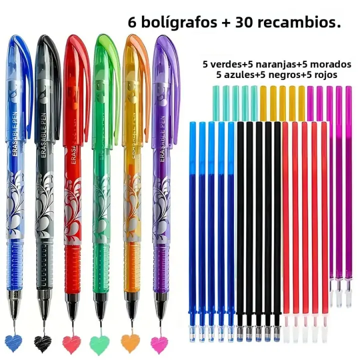 Set De 36 Piezas De Bolígrafos Gel Borables De 6 Colores Neutrales Azul/Negro/Rojo Verde/Azul Brillante/Morado Tinta Lavable Suministros Escolares - 1
