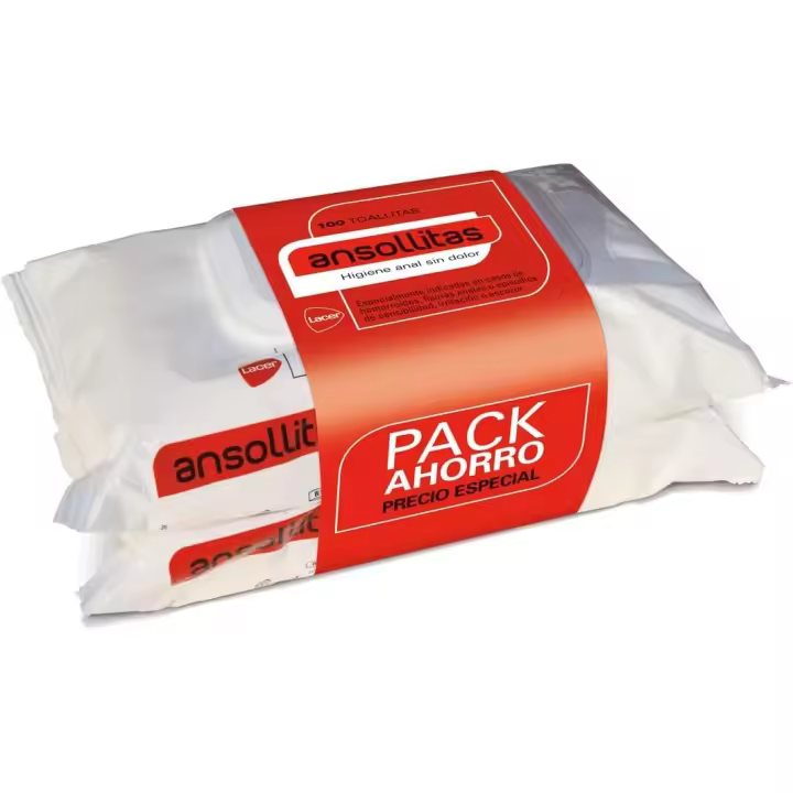ANSOLLITAS - Pack 2x50 Unidades Toallitas Húmedas para Zona de Hemorroides, Cuidado Personal, Origen Vegetal, Alivia Irritación y Escozor, Limpieza Suave y Eficaz, con Aloe Vera, 100% Natural - 1