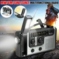 Radio de emergencia con manivela solar AM/FM/SW multibanda con linterna, luz de lectura, sirena y función de carga de teléfono móvil. - details 0