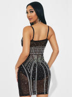 Vestido Ultra Corto De Malla Transparente Para Mujeres Con Diamantes Y Suspensión Moda De Oficina De Corte Ajustado Para Otoño - details 3