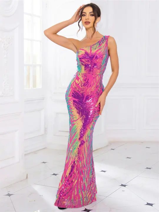 Vestido De Fiesta Romagic De Encaje Con Flor Y Lentejuelas De Hombro Solo Vestido De Noche Para Mujer Sin Mangas Elástico De Espalda Descubierta Longitud Del Piso Para Bodas Y Fiesta - 1
