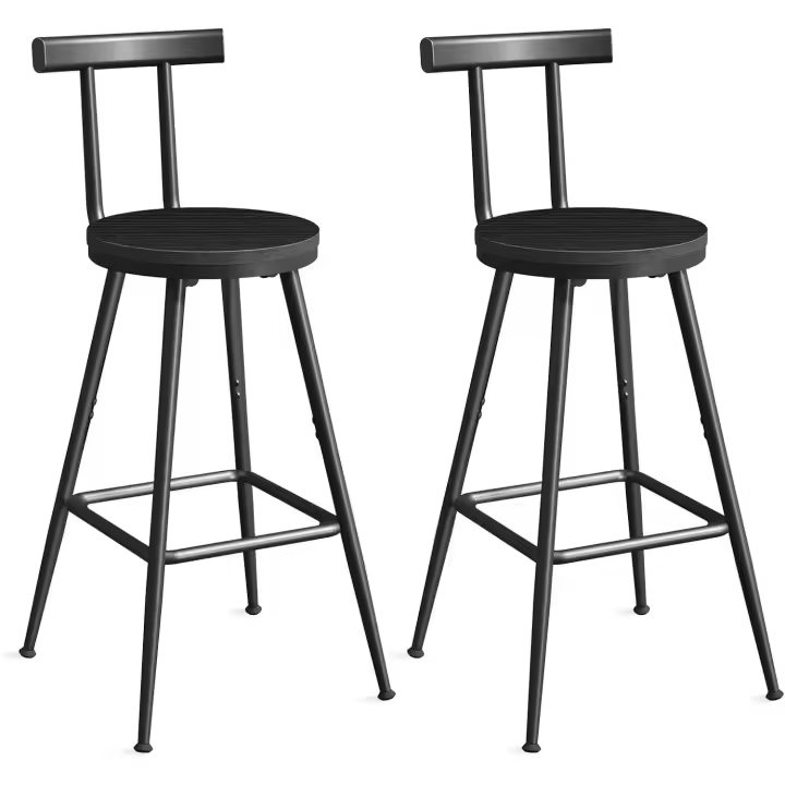 Set of 2 Bar Stools with Backrests, High Kitchen Chairs, Metal Frame, Adjustable Feet, Easy Assembly, for Kitchen, Living Room, Bar, Black - 1