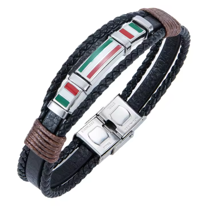 Pulsera de Italia Cuero Triple Bandera Cierre de Seguridad Acero Inoxidable Ajustable Pulsera Italiana Unisex - 1