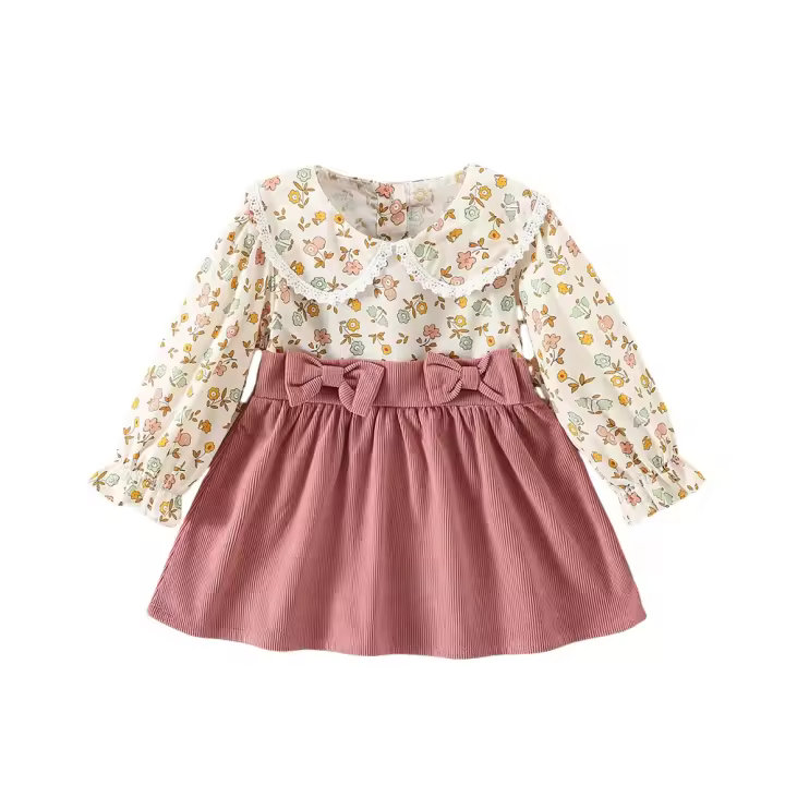 Vestido De Niña Con Pétalos Para Primavera Otoño Vestido Largo Con Lazo Flores Moda Infantil Ropa De Bebé Dulce Y Lindo - 1