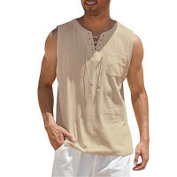 Camiseta Ligera De Verano Para Hombres Top Transpirable Estilo Casual Color Sólido Sin Mangas Con Cierre De Encaje Ropa - details 4