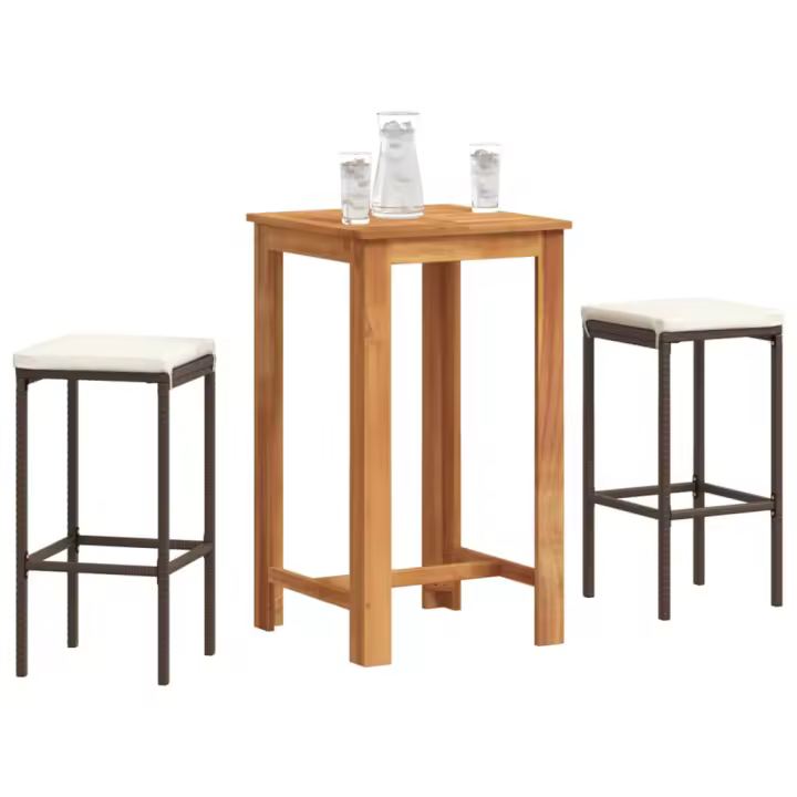vidaXL Mesa y taburetes de jardín 3 pzas madera acacia ratán PE en color Marrón/Gris/Negro | cómodas modernas ergonómicas para comedor cocina salón hogar - 1