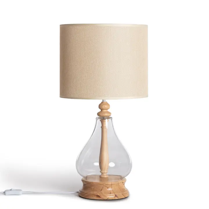 LEDKIA LIGHTING - Lámpara de Mesa Madera y Cristal Kofin | E27 Compatible | Diseño Vintage y Boho Chic | Ideal para Salón, Dormitorio, Restaurante, Natural, Cristal, Textil, Madera - 1