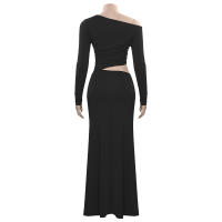 Vestido Largo De Cintura Bajada Asimétrico Para Mujer Estilo Europeo Nueva Colección Otoño 2024 Color Sólido Manga Larga Ajustado - details 25