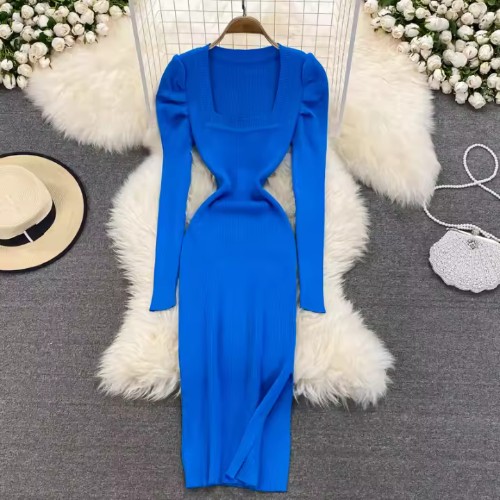 Vestido REALEFT De Mujer Otoño Invierno Con Cuello Cuadrado Manga Larga Y Acolchado De Puff Trasero Lateral Split Midi Casual - 1