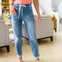 Pantalones Casuales Para Mujer Con Cordón Cintura Alta Jeans Rectos De Algodón Y Spandex Estilo Sencillo Para Todas Las Estaciones - details 3