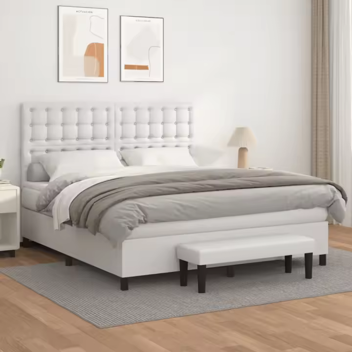 vidaXL Cama box spring con colchón cuero sintético blanco 160x200 cm - 1