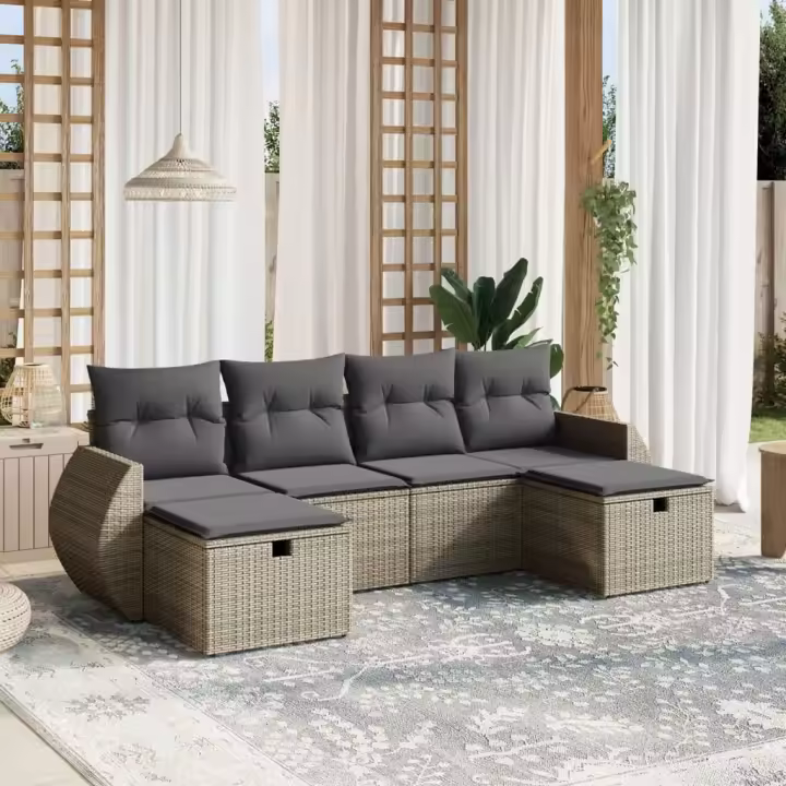 vidaXL Set de muebles de jardín 6 pzas y cojines ratán sintético gris - 1