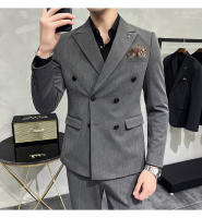 Traje De Negocios Slim Fit Doble Botón De Color Sólido Dos Piezas Coreano Elegante Para Hombres Con Pantalones Talla S-7XL - details 24